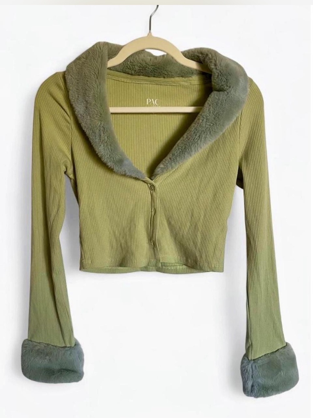 PacSun PAC Cares Faux Fur Trim Ribbed Knit Crop Top Cardigan - Size Small